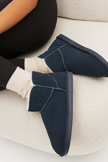 Navy Blue Faux Fur Lined Suede Slipper Boots