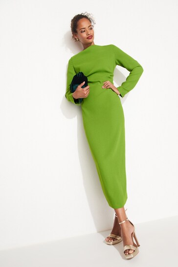 Green Column Gathered Midi Dress