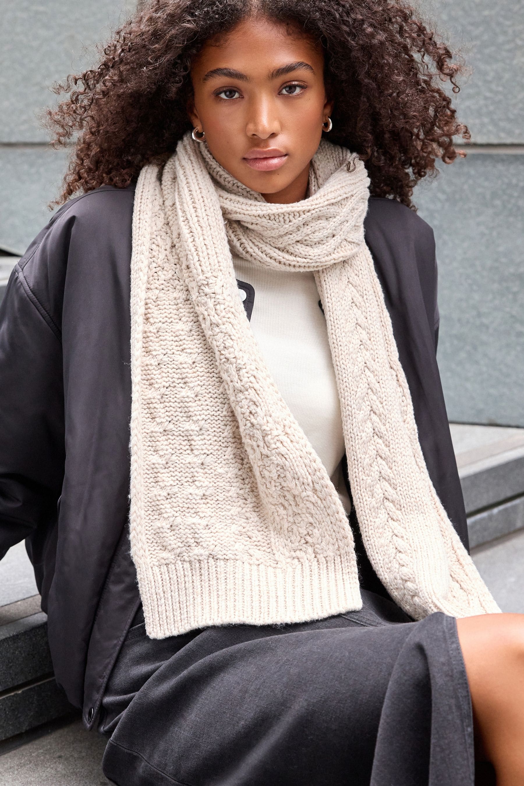 Cream Sparkle Knit Cable Scarf