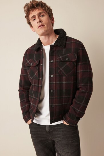 Red Checked Borg Collared Trucker Jacket