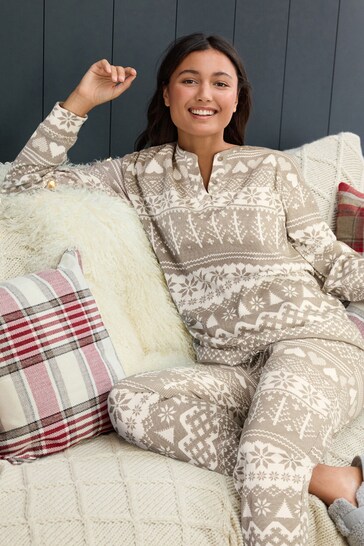 Grey Fairisle Pattern Waffle Cotton Long Sleeve Pyjamas