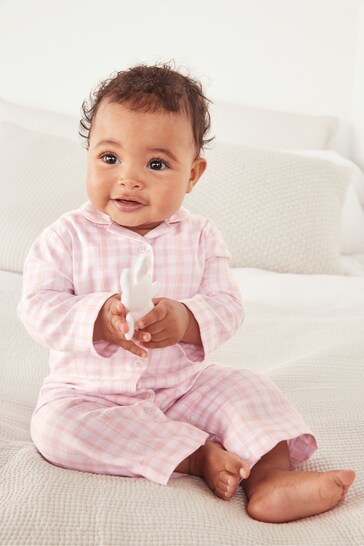 The White Company Organic Cotton Gingham Sleepsuit With Bunny Toy