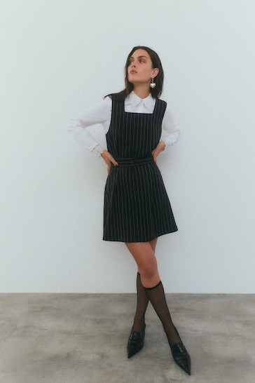 VERO MODA Black Pinstripe Pinafore Belted Tailored Mini Dress