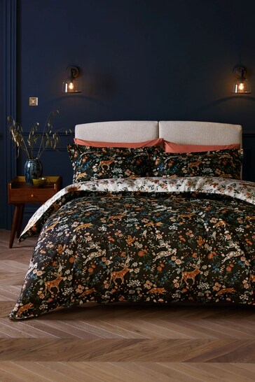Black 200TC Sateen Cotton Reversible Winter Floral Stag Duvet Cover and Pillowcase Set