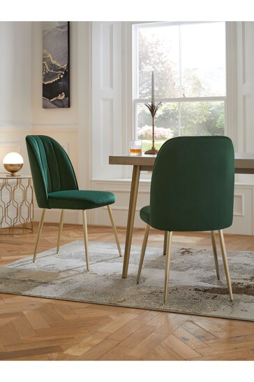Set of 2 Soft Velvet Emerald Green Brushed Gold Leg Stella Non Arm Dining Chairs