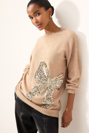 Camel Brown Sequin Bow Christmas Jumper