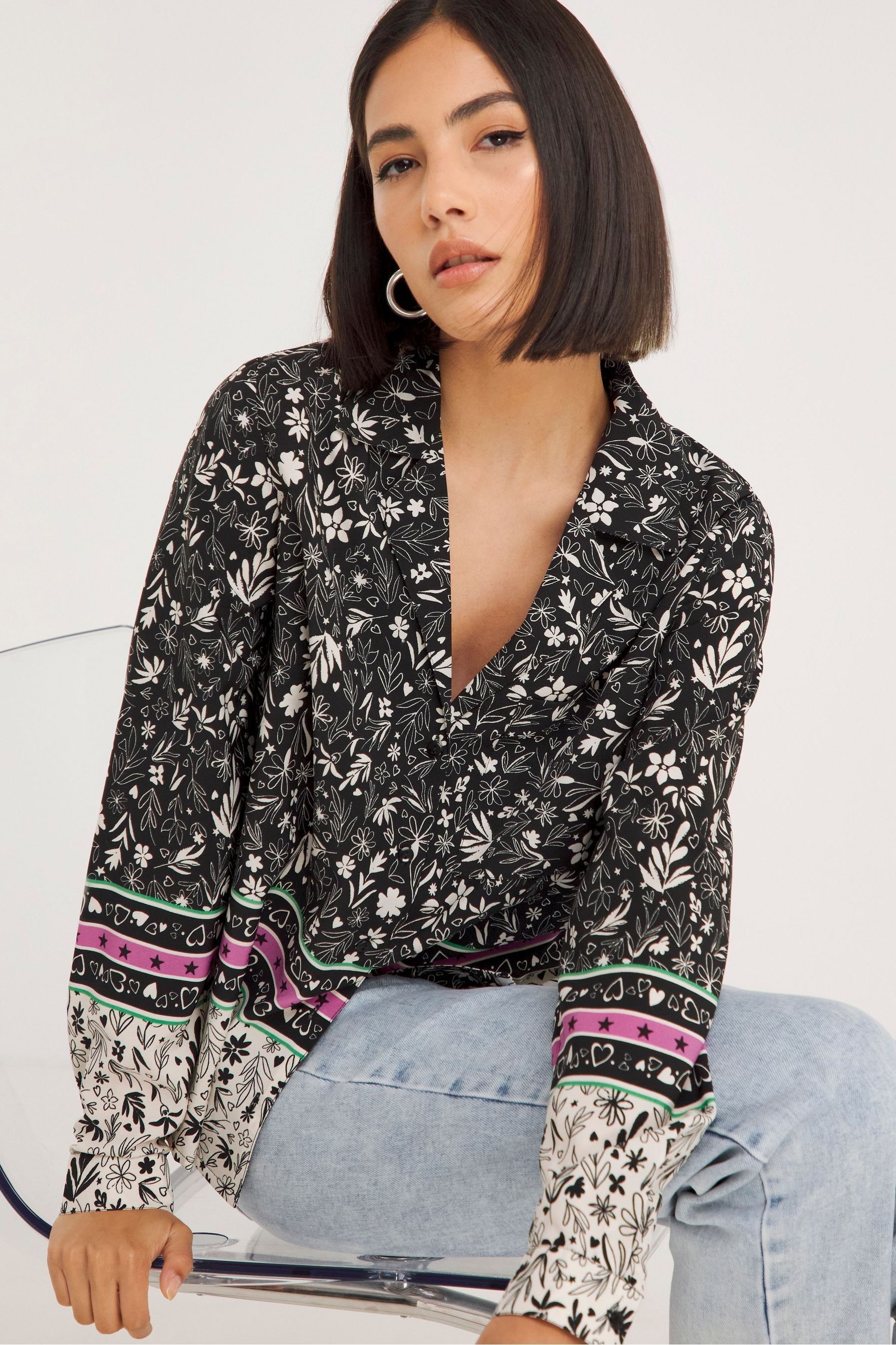 Buy Simply Be Border Print Long Sleeved Cropped Black Boxy Shirt from
