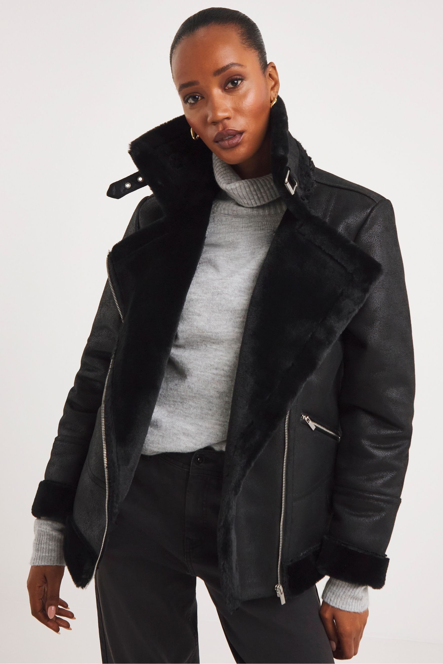 Buy JD Williams Black Faux Fur Lined Aviator Jacket from the Next UK ...