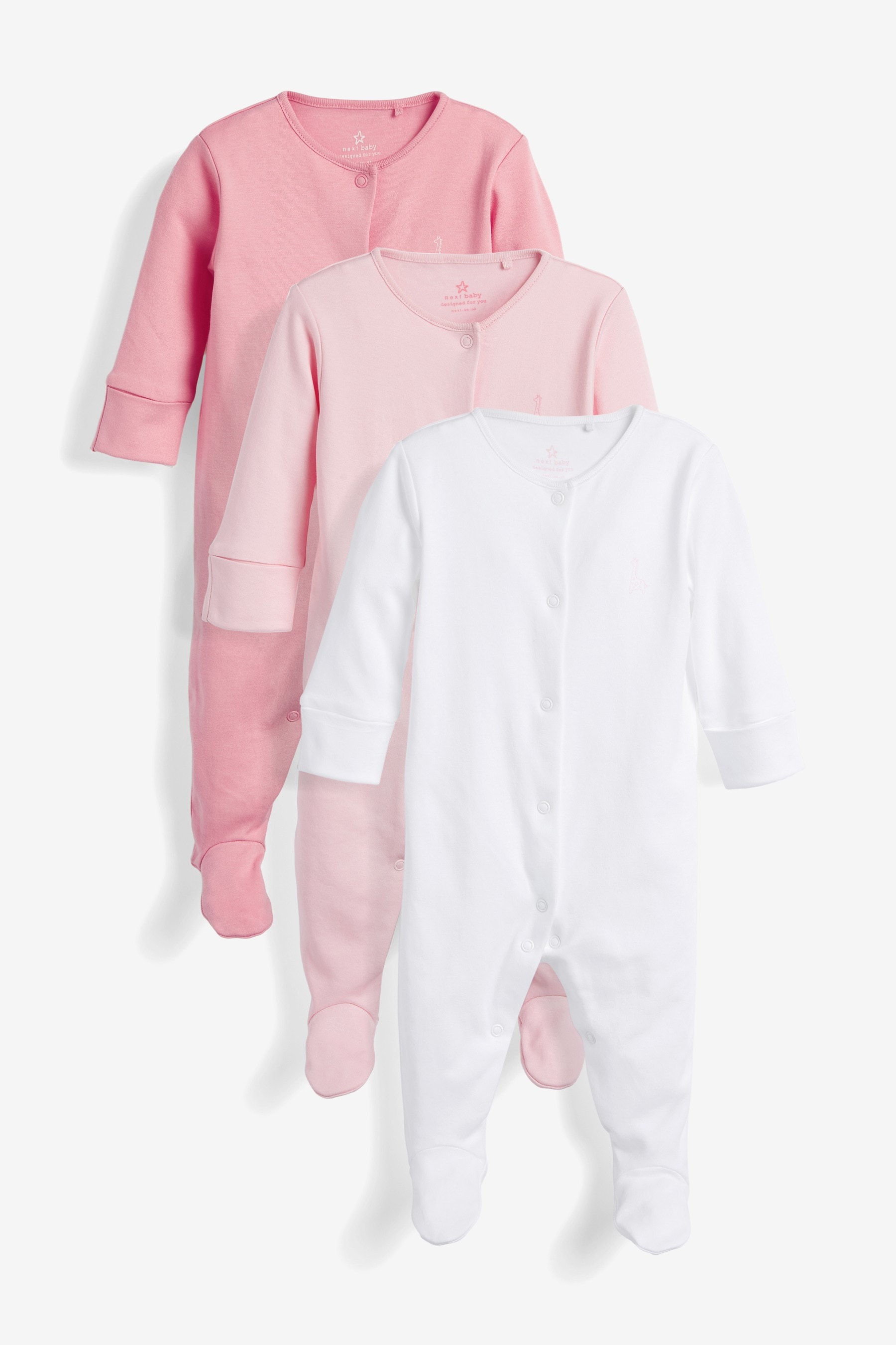 Pink White 3 Pack Cotton Baby Sleepsuits 0 2yrs