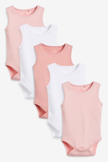Pink/White 5 Pack Baby Vest Bodysuits