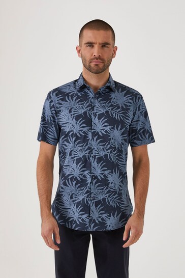 Skopes Tailored Fit Blue Tropical Print Cotton Casual Shirt