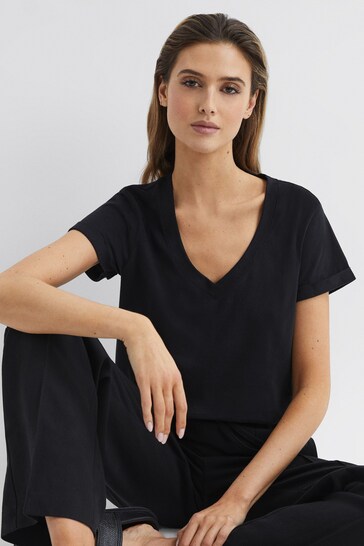 Reiss Black Luana Cotton Jersey V-Neck T-Shirt