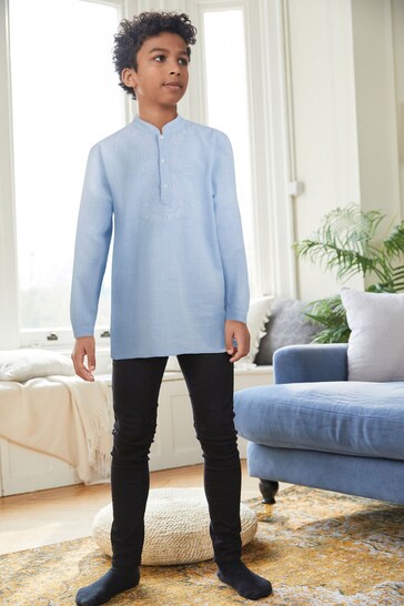 Blue Shirt Length Embroidered Boys Kurta (3-16yrs)