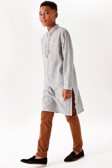 Grey Regular Length Embroidered Boys Kurta (3-16yrs)