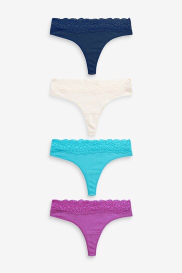 Navy Blue/Aqua Blue/Purple/Cream Thong Lace Trim Cotton Blend Knickers 4 Pack