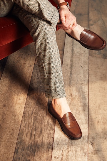 Tan Brown Regular Fit Leather Penny Loafers