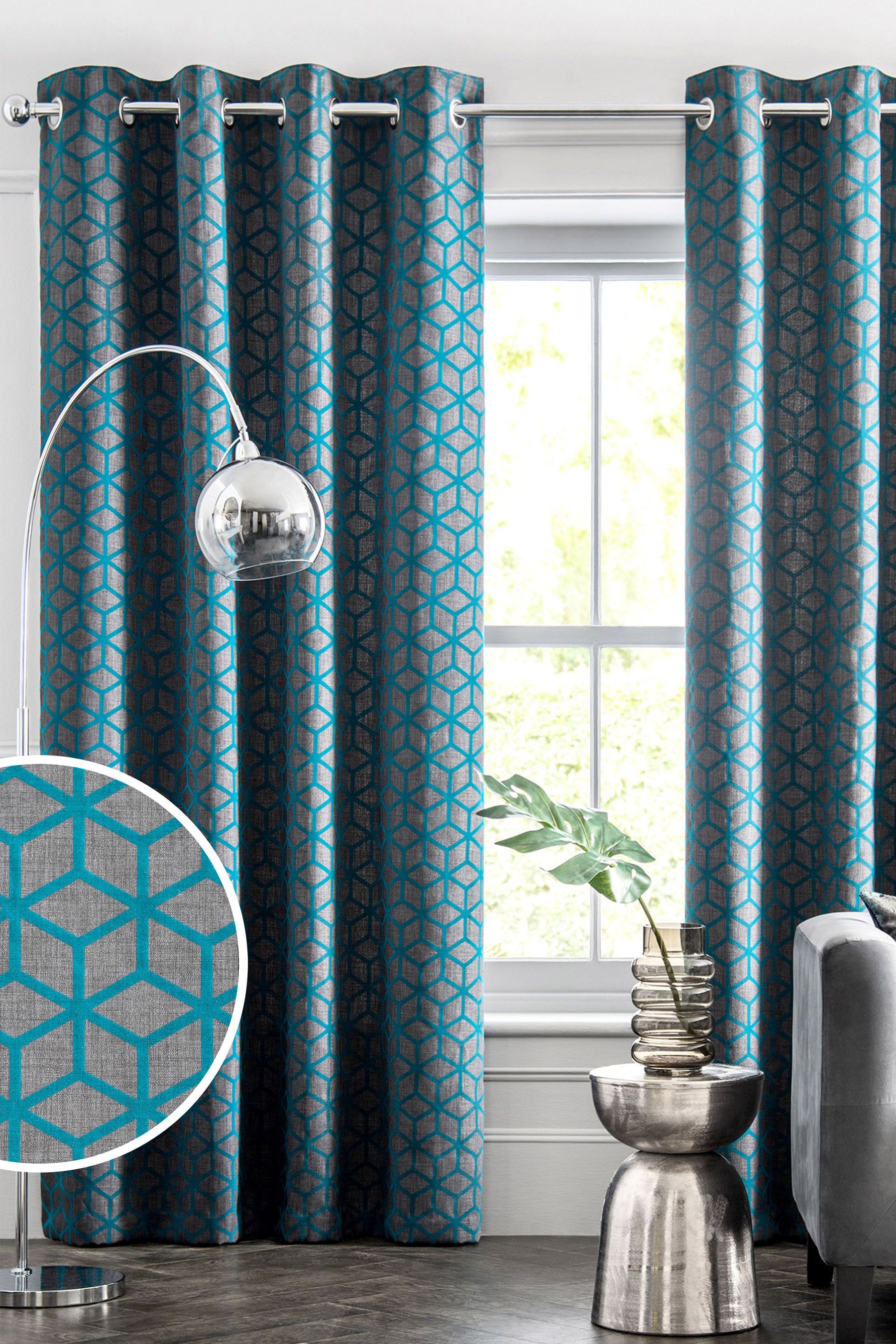 Teal Blue Flocked Velvet Geometric Eyelet Lined Curtains