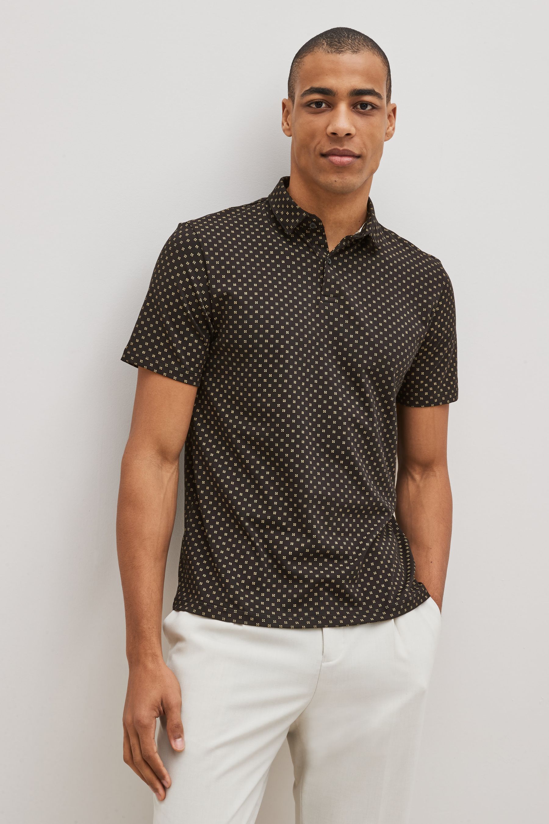 White Black Navy Blue Geo Print Jersey Polo Shirts 3 Pack