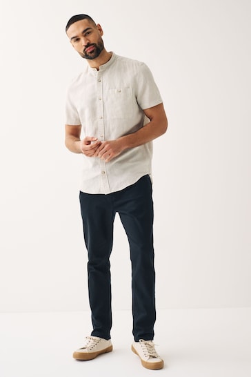 Oatmeal Grandad Collar Linen Blend Short Sleeve Shirt