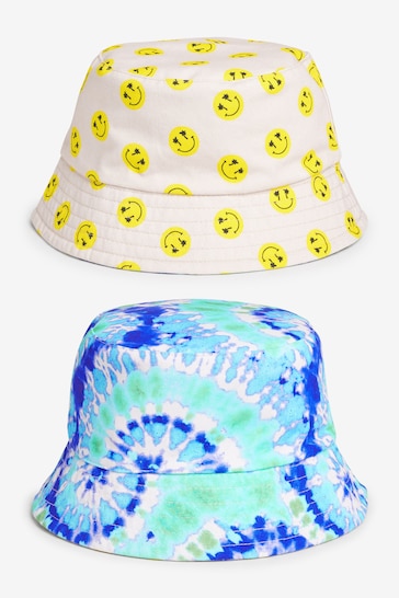 Blue Tie Dye/Smile Face Festival Reversible Bucket Hat