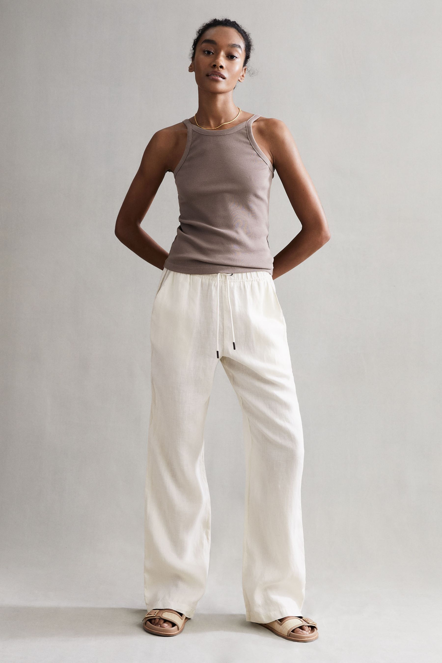 Reiss Stone Cleo Linen Wide Leg Drawstring Trousers