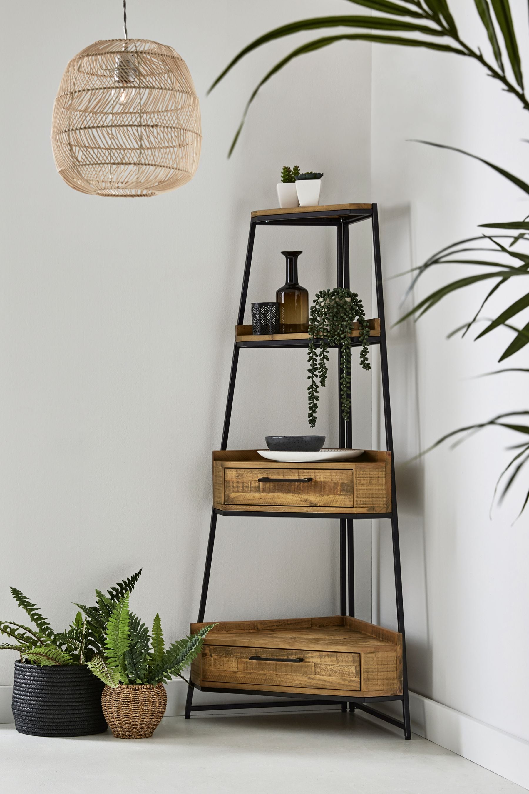 Corner ladder shelf store unit