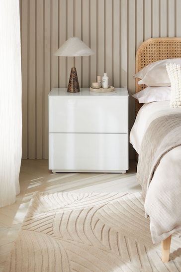 White Sloane Glass Collection Luxe 2 Drawer Wide Bedside Table