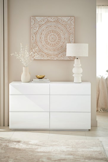 White Sloane Glass 6 Drawer Collection Luxe Chest of Drawers