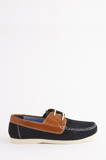 Tan Brown/Navy Blue Leather Boat Shoes