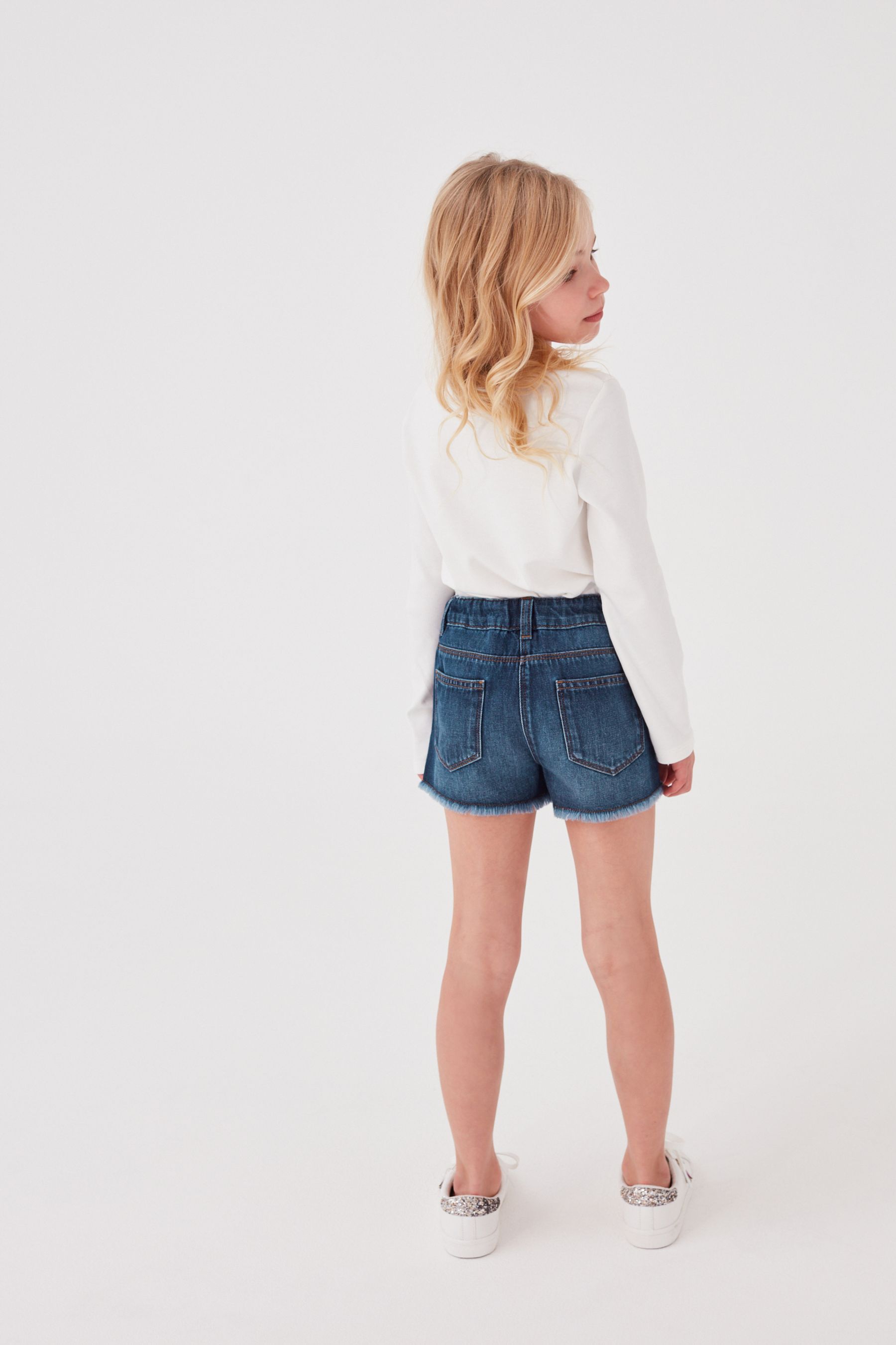 Mid Blue Denim Regular Length Frayed Edge Shorts 3 16yrs