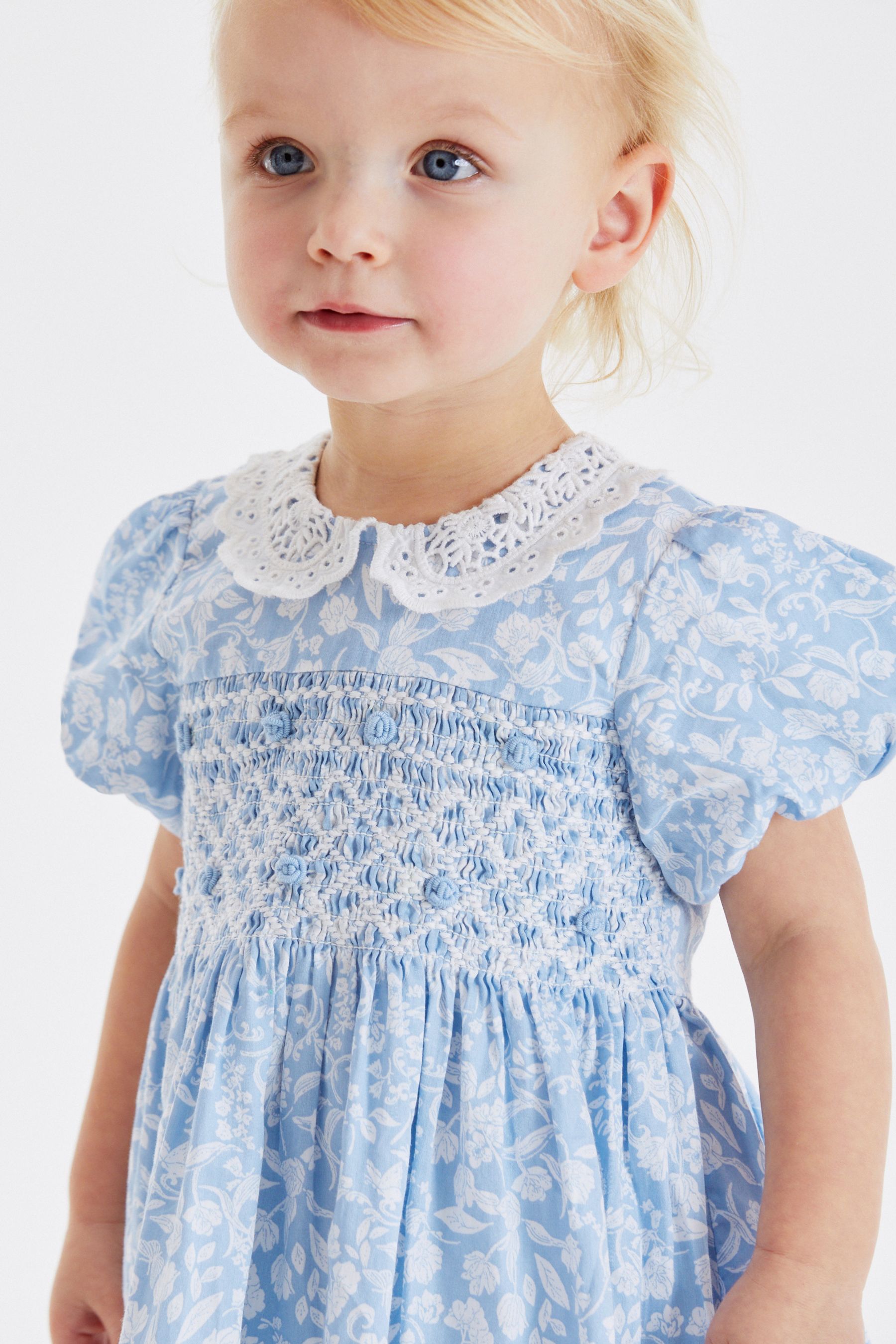 Buy Pale Blue Printed Lace Collar Shirred Cotton Dress (3mths-7yrs ...