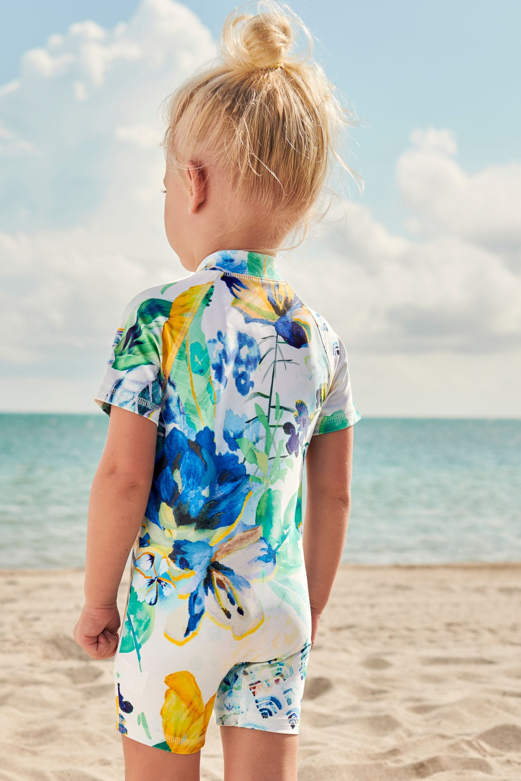 Buy Blue Ecru White Floral Sunsafe Swim Suit 3mths 7yrs from the