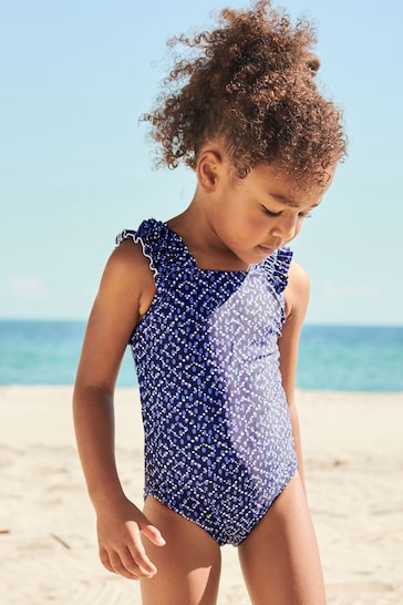 Blue Woodblock Ruched Sleeves Swimsuit (3mths-12yrs)