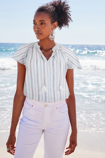 Blue and White Striped Capped Sleeve V-Neck Top With Linen
