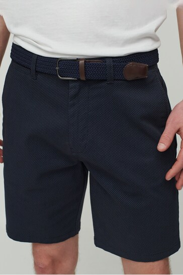 Navy Blue Ditsy Print Straight Fit Belted Chino Shorts With Stretch