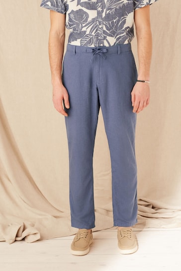 Blue Linen Blend Drawstring Trousers