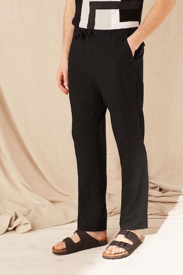 Black Linen Blend Drawstring vintage Trousers