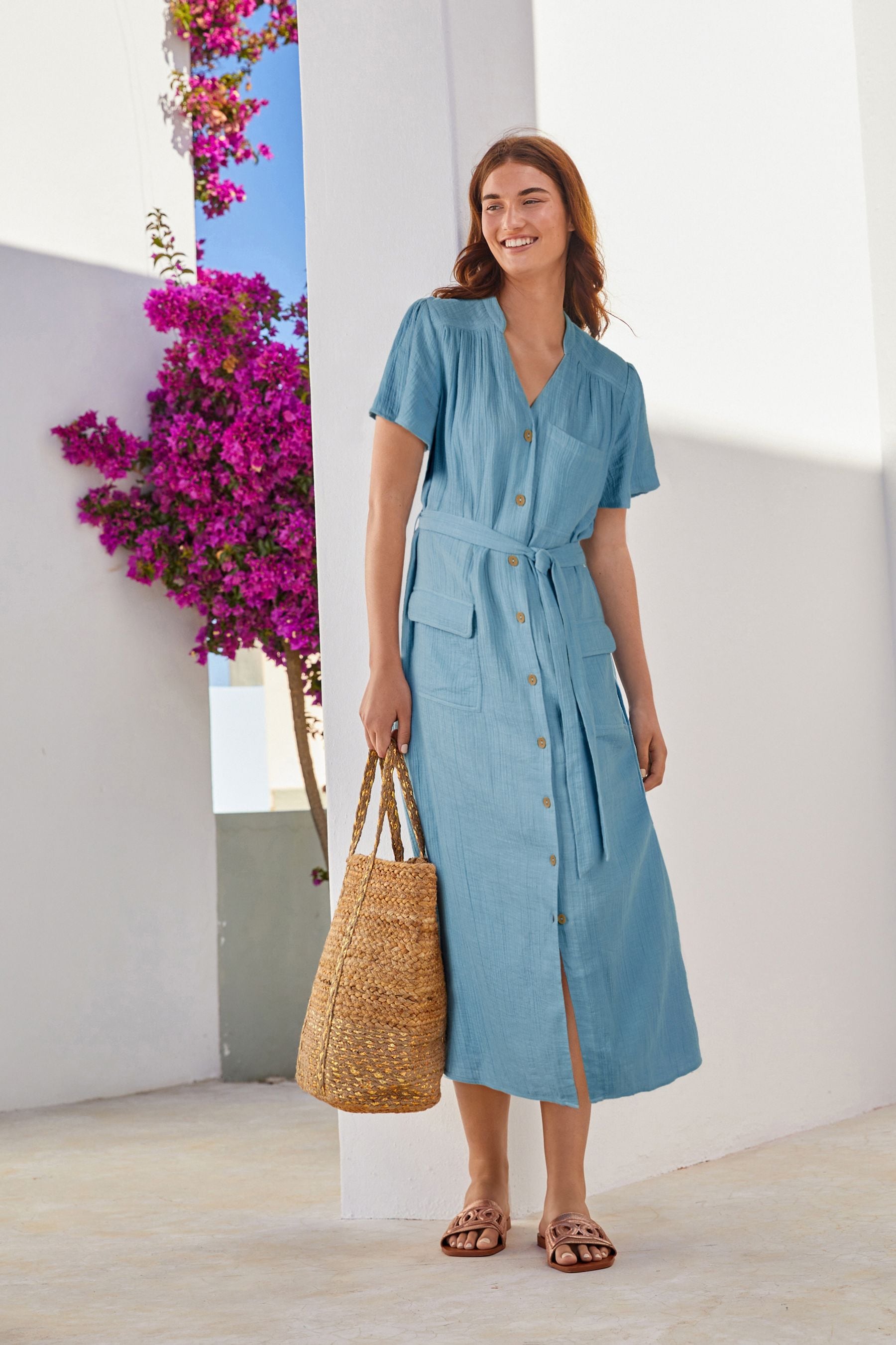 Buy Blue Blue Belted Shirt Midi Summer Dress from Next Ireland