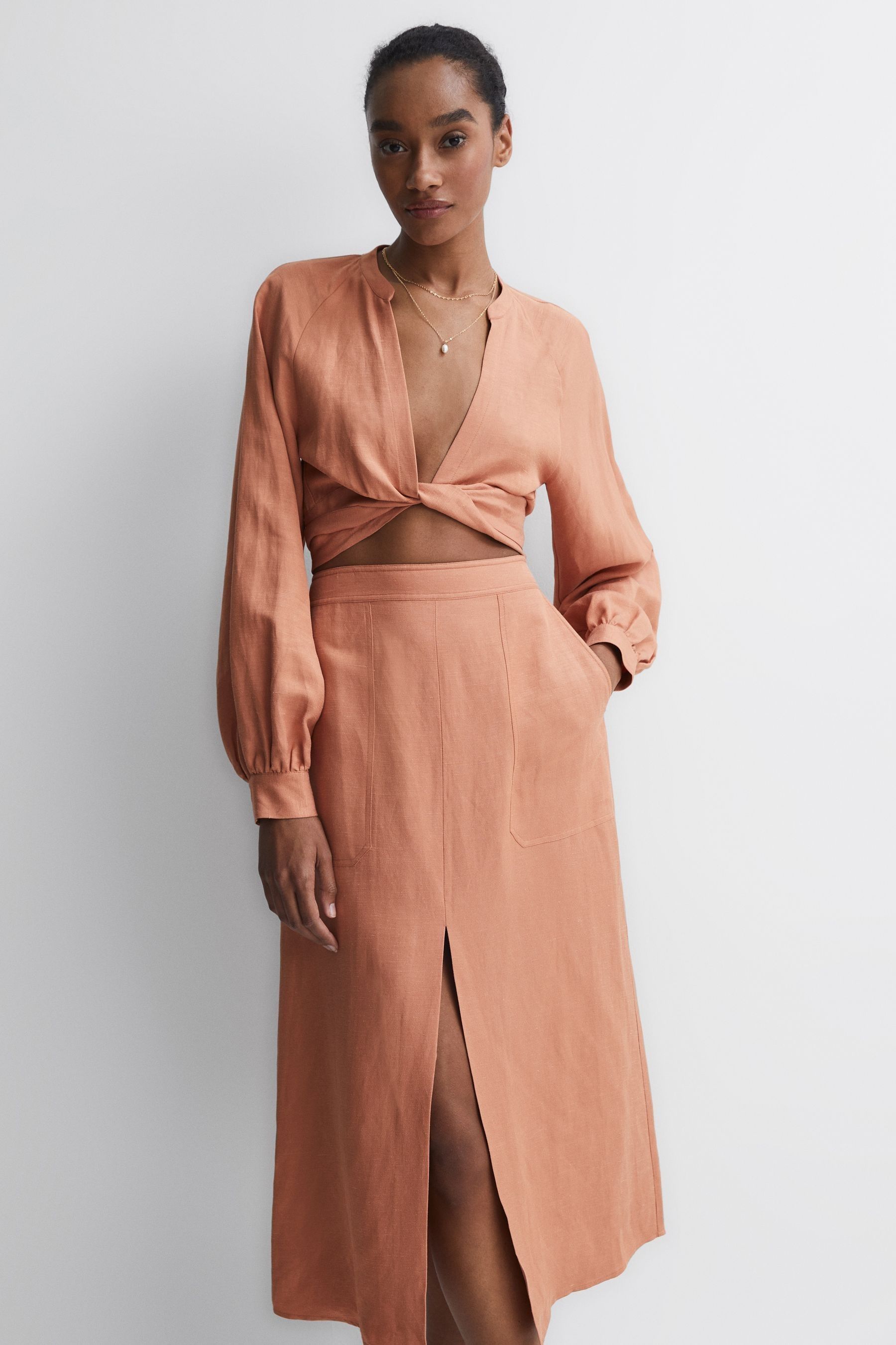 Reiss Rust Axelle Linen High Rise Skirt