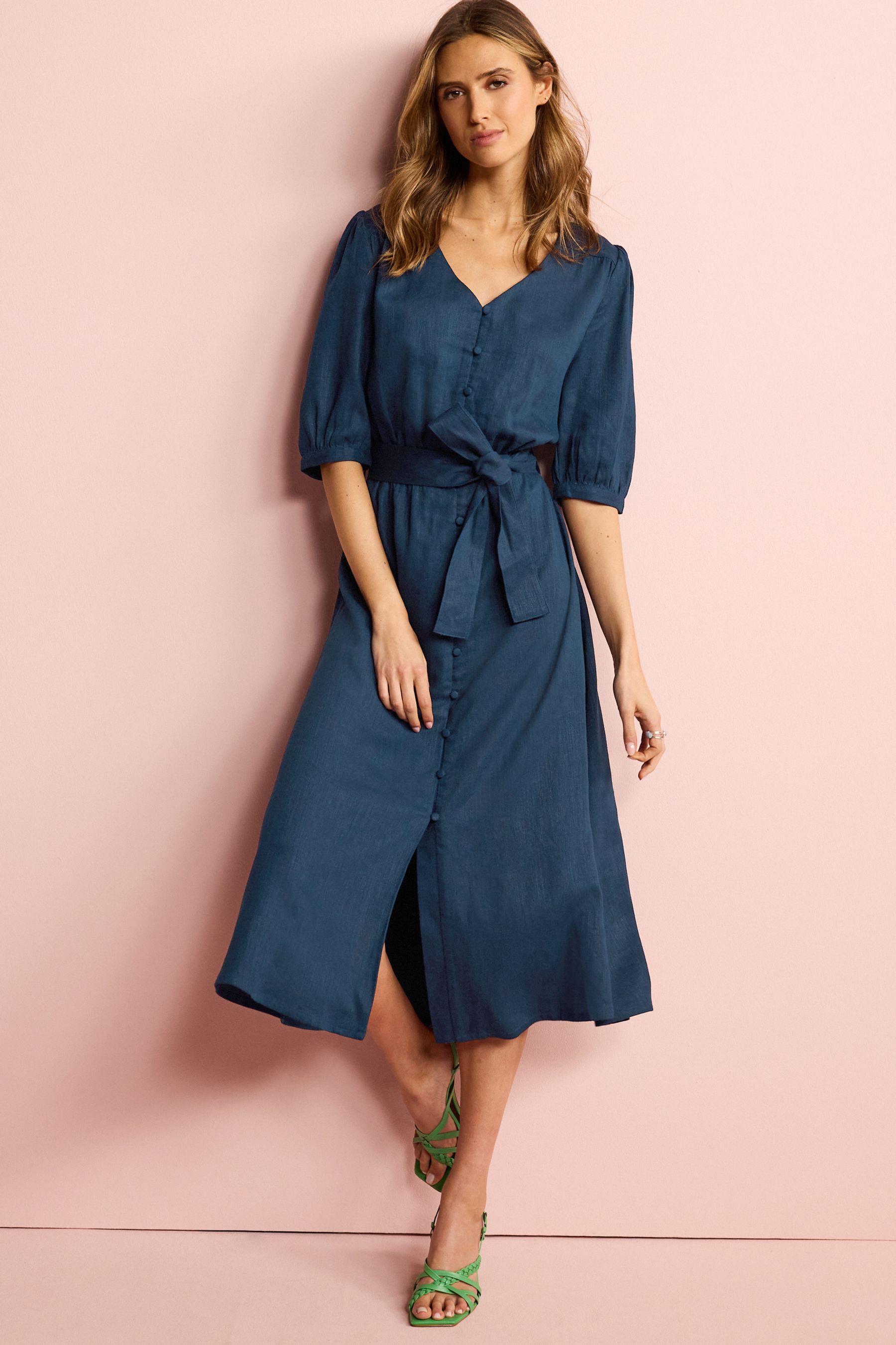 Buy Navy Blue Linen Button Through Summer Midi Dress from Next Ireland