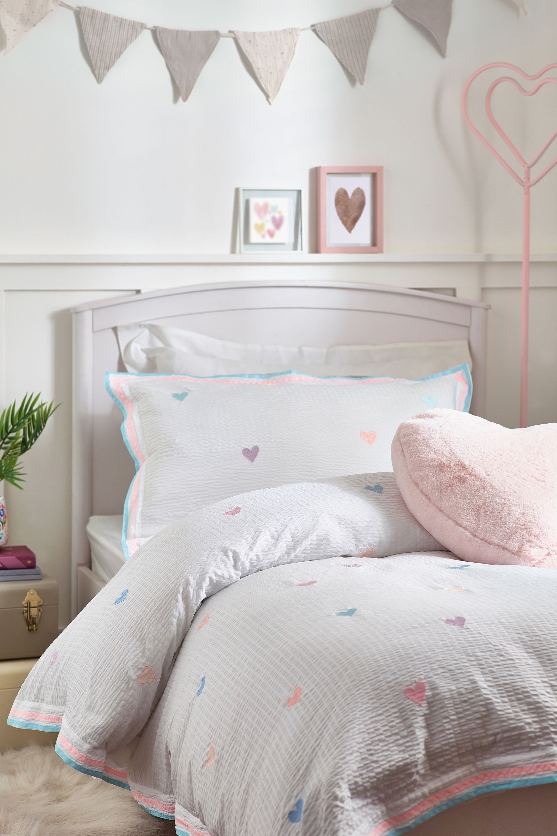 Buy White with Pastel Embroidered Hearts Duvet Cover and Pillowcase