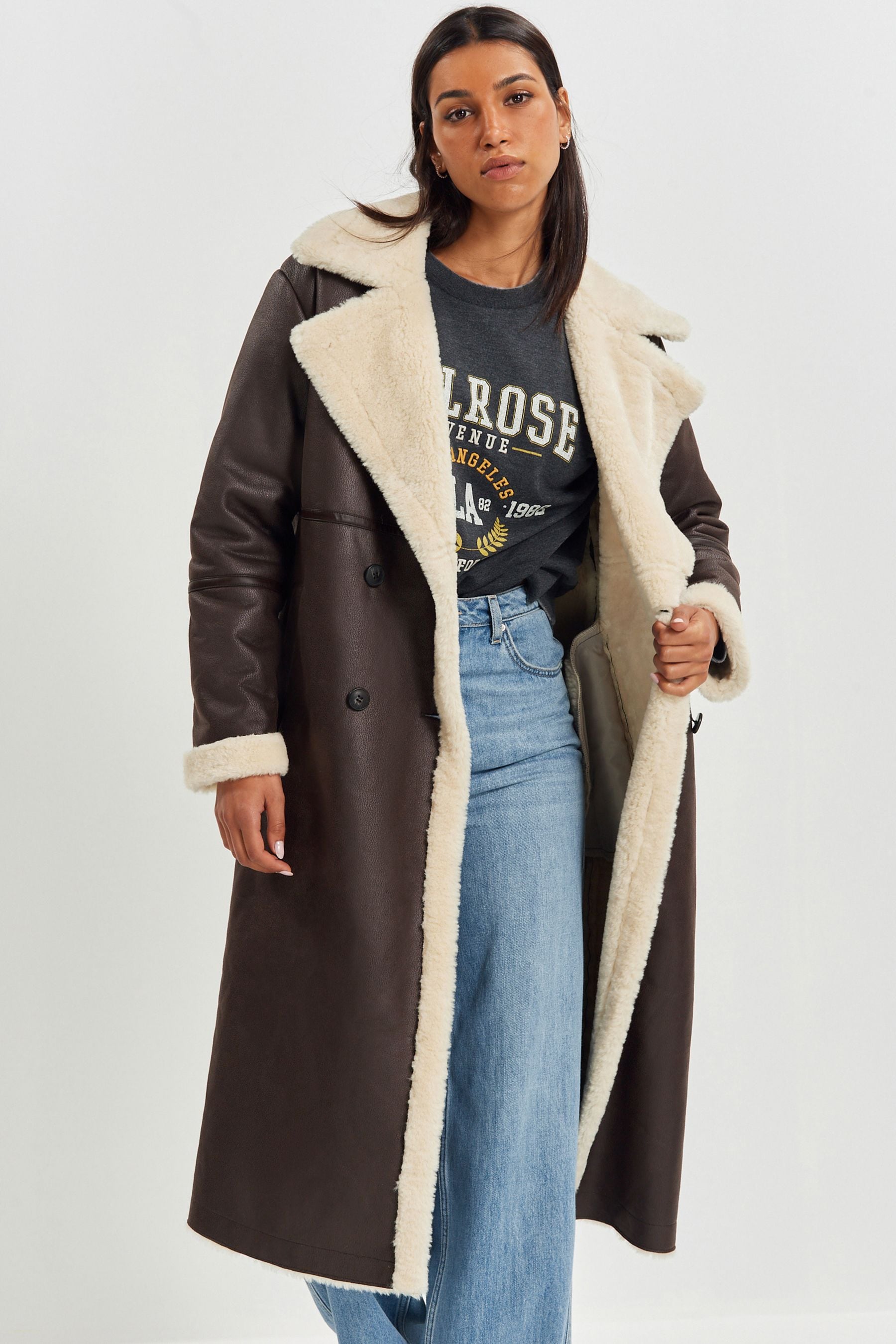 Buy Chocolate Brown Longline Faux Shearling Coat from Next Ukraine