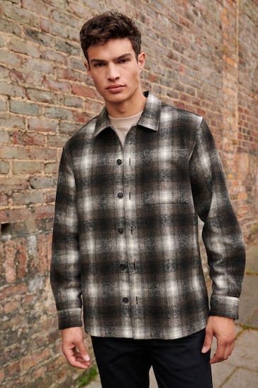 Brown/White Check Shacket With Wool