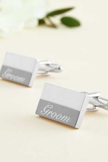 Silver Tone Groom Engraved Wedding Cufflinks