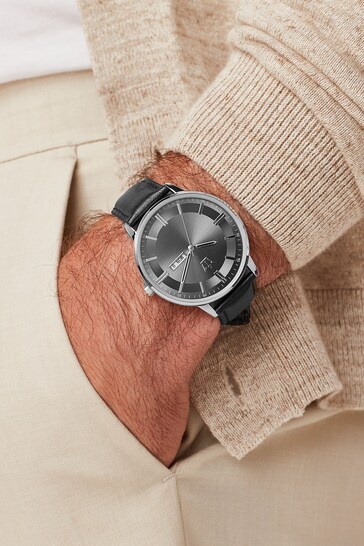 Black/Pewter Classic Signature Watch With Leather Strap