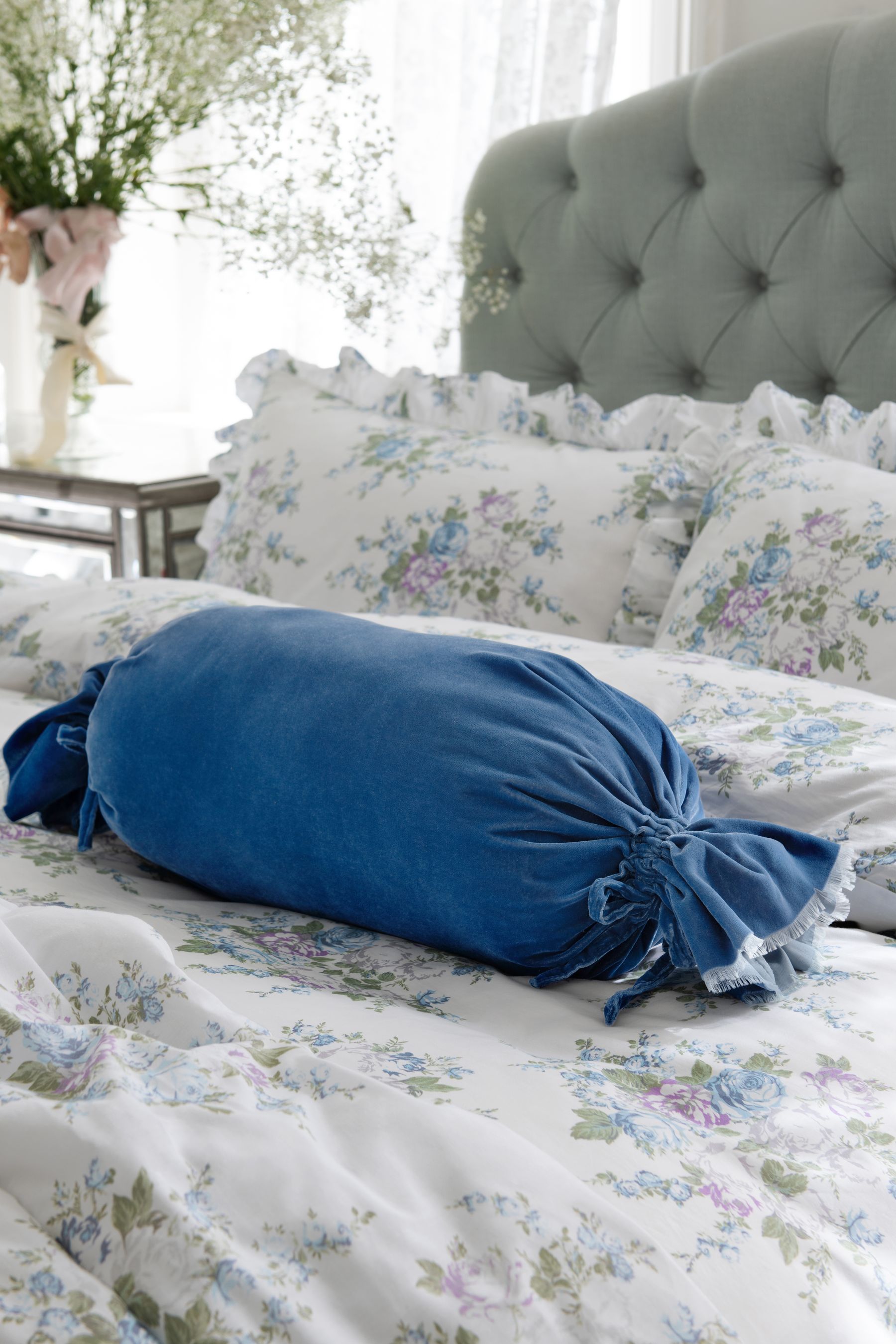 Blue velvet bolster pillow discount