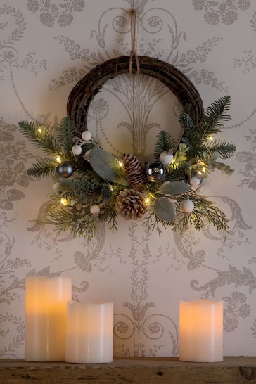 Laura Ashley Green Pine Cone and White Berry Half LED Wreath