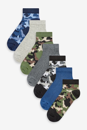 Khaki Green/Blue/Grey Camouflage 7 Pack Cotton Rich Trainer Socks