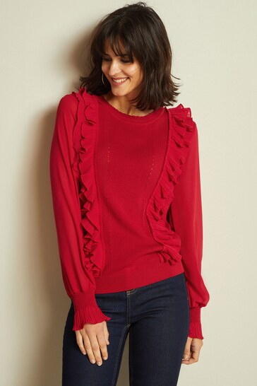 Red Woven Sleeve Ruffle Layer Jumper