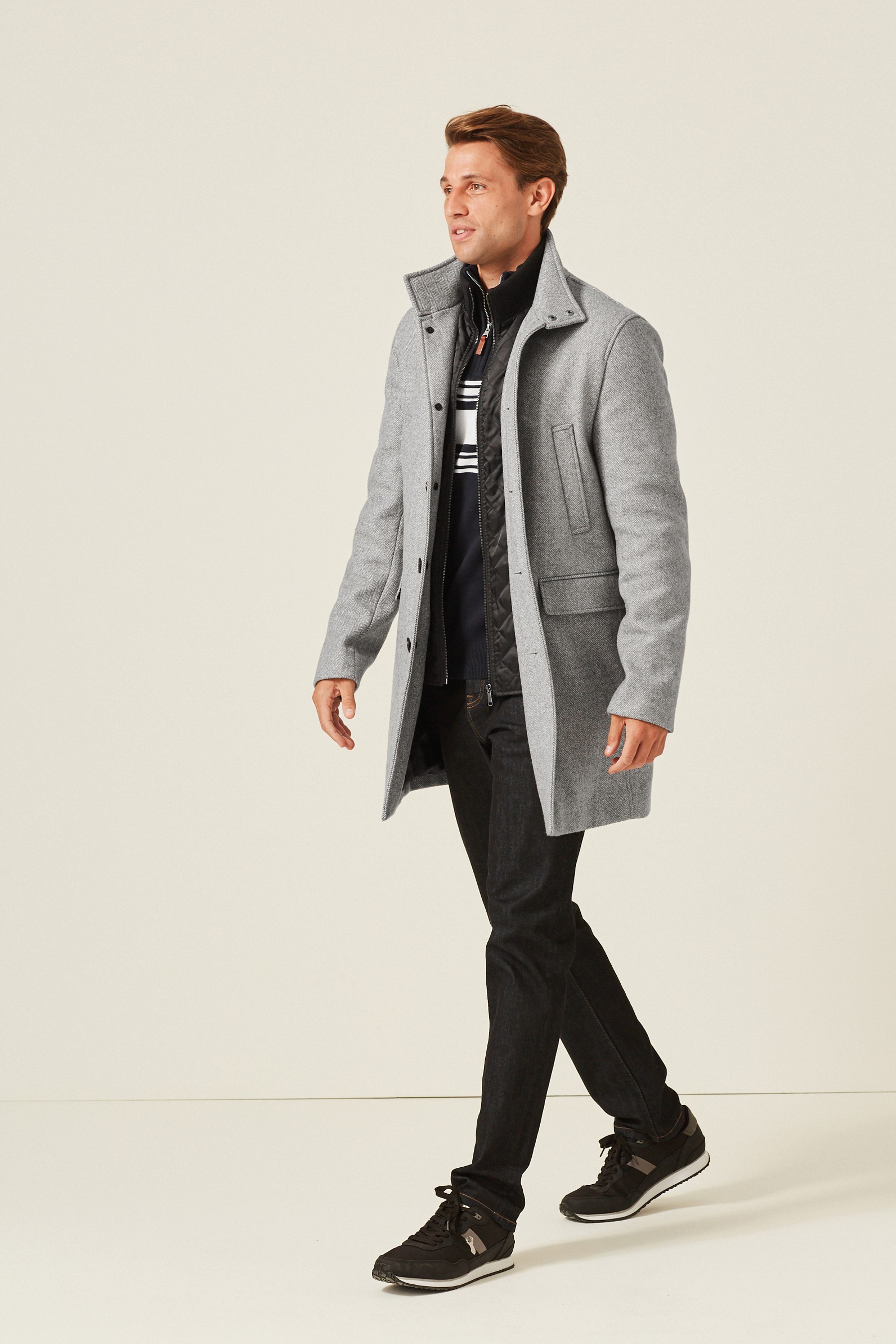 Buy Light Grey Herringbone Funnel Neck Coat With Built In Gilet